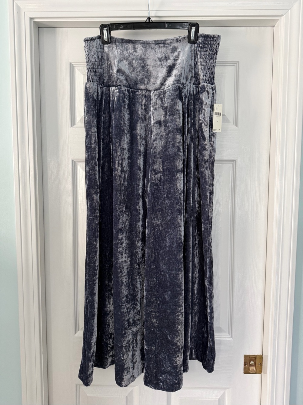 Anthropologie Crushed Velvet High Waisted Wide Leg Dress Pants in Blue Slate - L